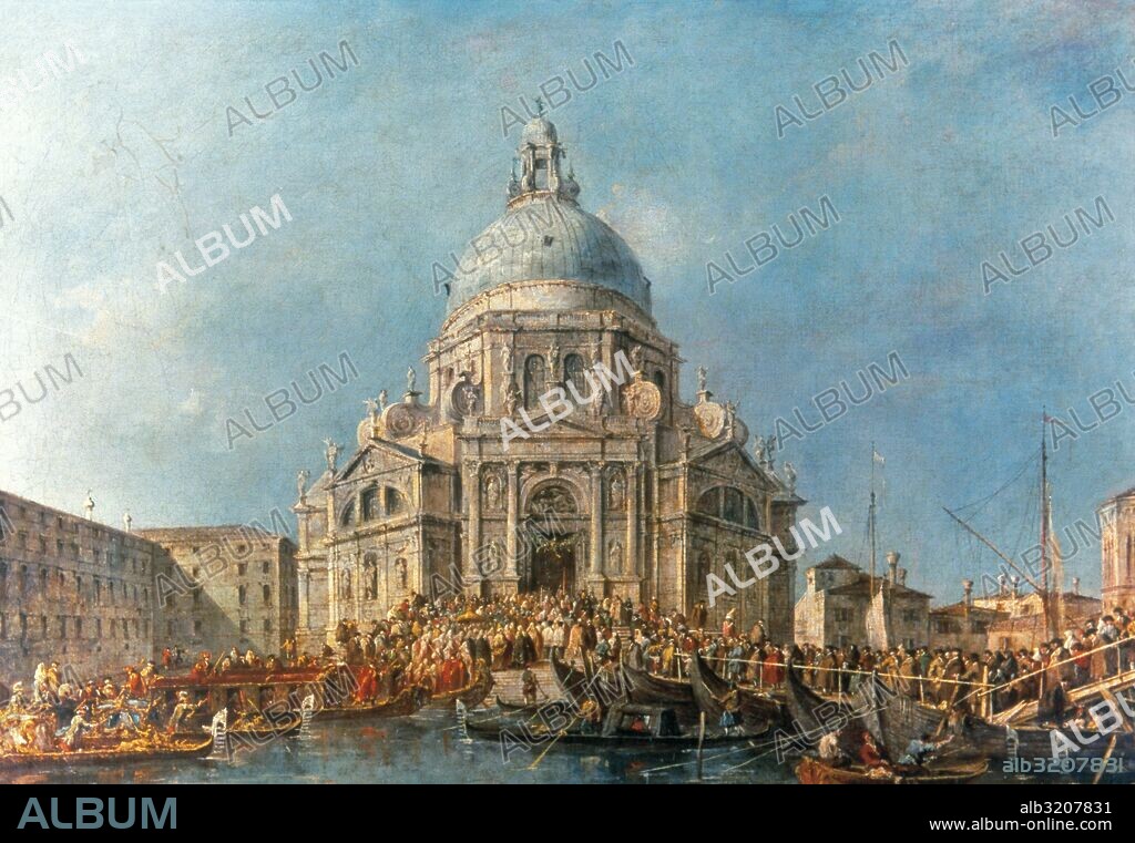 GUARDI, Francesco Lazaro (Venecia, 1712-Venecia, 1793). Pintor veneciano. "EL DUX EN LA BASILICA DE LA SALUTE" (1775). EL Dux llega a la Basílica de la Salud en Venecia el 21 de noviembre para conmemoria el fíin de la peste de 1630. Museo del Louvre. París. Francia.
