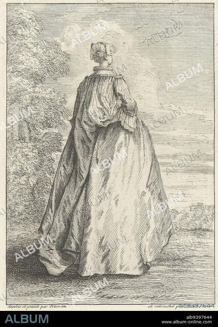 Standing lady, seen from behind, turned slightly to the right, dressed according to the French fashion of 1725. She wears a 'robe a la Watteau' which she holds up from behind with her right hand. On the left a group of trees, Fashion and Elegance: French Fashions of the 1720s Standing lady looking out over landscape French figures (series title) Figures Françoises (series title), print maker: François Octavien, (mentioned on object), François Octavien, (mentioned on object), print maker: Quiryn Fonbonne, (mentioned on object), Paris, 1725, paper, etching, engraving, h 161 mm × w 110 mm.