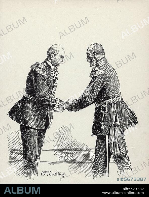 CARL ROECHLING. Bismarck, Otto von; chancellor. Schönhausen 1/4/1815 - Friedrichsruh. 30/7/1898. "Emperor William I wishes Bismark a happy 70th birthday". Woodcut after a drawing by Carl Röchling. (1855-1920). Berlin, Sammlung Archiv für Kunst und Geschichte.