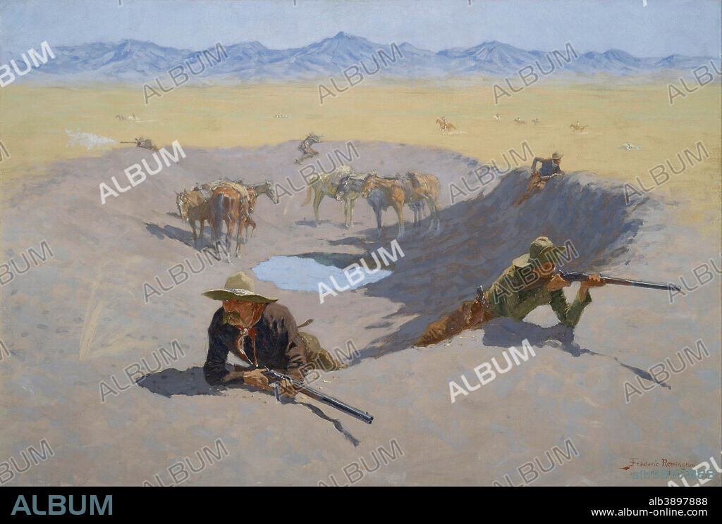FREDERIC REMINGTON. Fight for the Waterhole. Date/Period: 1903. Painting. Oil on canvas Oil on canvas. Height: 692.15 mm (27.25 in); Width: 1,019.30 mm (40.13 in).