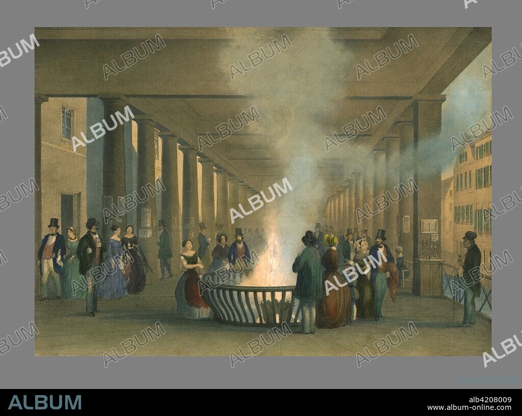 The Sprudel at Carlsbad, 19th century. Visitors at the Hot Spring Colonnade (or Sprudel) in Karlovy Vary in western Bohemia, (now the Czech Republic). The spa town was named after Charles IV, Holy Roman Emperor and King of Bohemia, who founded the city in 1370.