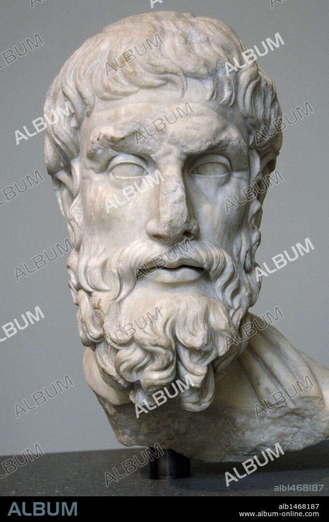 Roman Art. Imperial Period. Epicurus (c. 341-270 b.C.). Greek philosopher. Marble head (2nd century a.C.). Copy of a Greek statue of the 1st half of the 3rd century B.C. Metropolitan Museum of Art. New York. United States.
