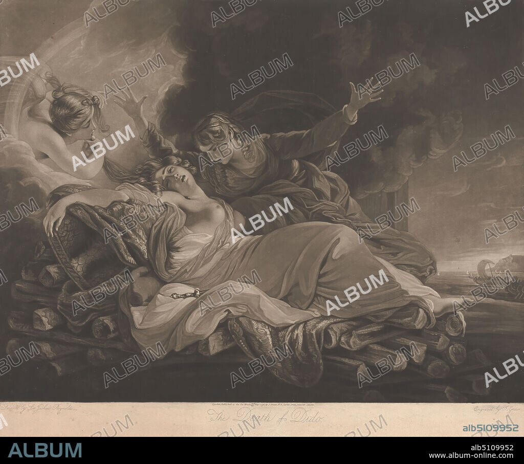 The Death of Dido, Joseph Grozer, ca. 17551798, British, after Sir Joshua Reynolds RA, 17231792, British, 1796, Mezzotint on moderatly thick, slightly textured, cream, laid paper, Sheet: 19 5/8 × 23 9/16 inches (49.8 × 59.8 cm) and Image: 18 × 23 1/2 inches (45.7 × 59.7 cm), Aeneid, cloud, death, death of Dido; she climbs the funeral pyre and falls upon the sword of Aeneas, goddess, historical subject, literary theme, pyre, queen (person), religious and mythological subject, sea, ship, sister, smoke, sword, the story of Aeneas' wanderings to Italy (Virgil, Aeneid), the tragedy of Dido (Virgil, Aeneid IV), the Trojans' departure from Carthage, weapon, woman, Carthage, Tunis.