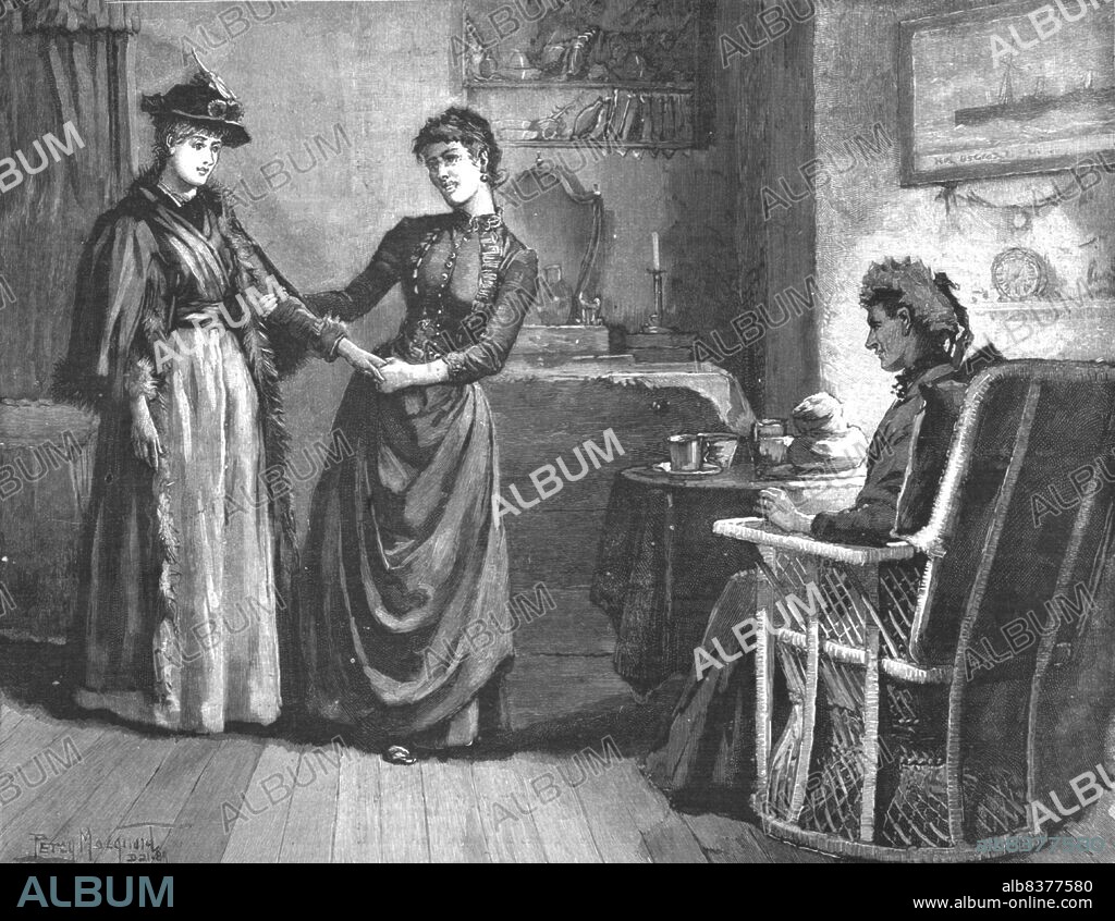 PERCY MACQUOID. ''Madame Leroux'; By Francis Eleanor Trollope; And Peggy in her eagerness almost pulled Lucy into the room', 1890. From "The Graphic. An Illustrated Weekly Newspaper", Volume 41. January to June, 1890.