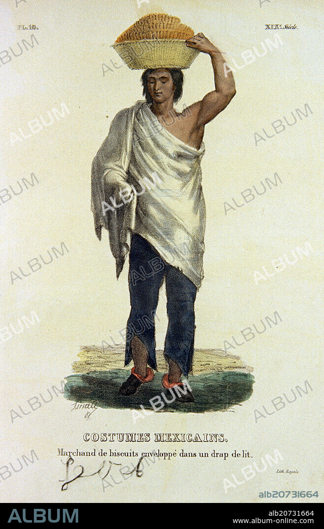 CLAUDIO LINATI. TRAJES CIVILES, MILITARES Y RELIGIOSOS DE MEXICO - 1828 - VENDEDOR MEXICANO CON CESTA EN LA CABEZA - LITOGRAFIA SIGLO XIX.