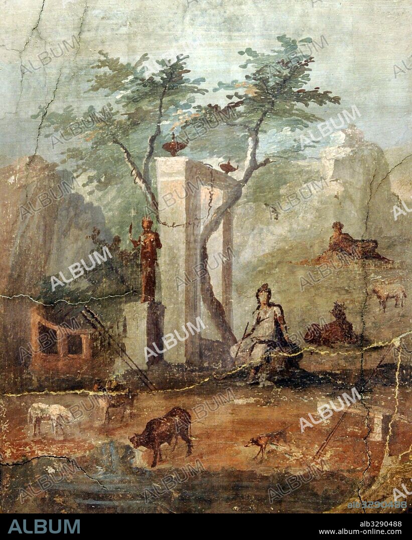 Fresco romano con la representación de un paisaje bucólico con Paris el pastor. 1-37. Procedente del Área Pompeyana. Museo Arqueológico Nacional. Nápoles. Italia.