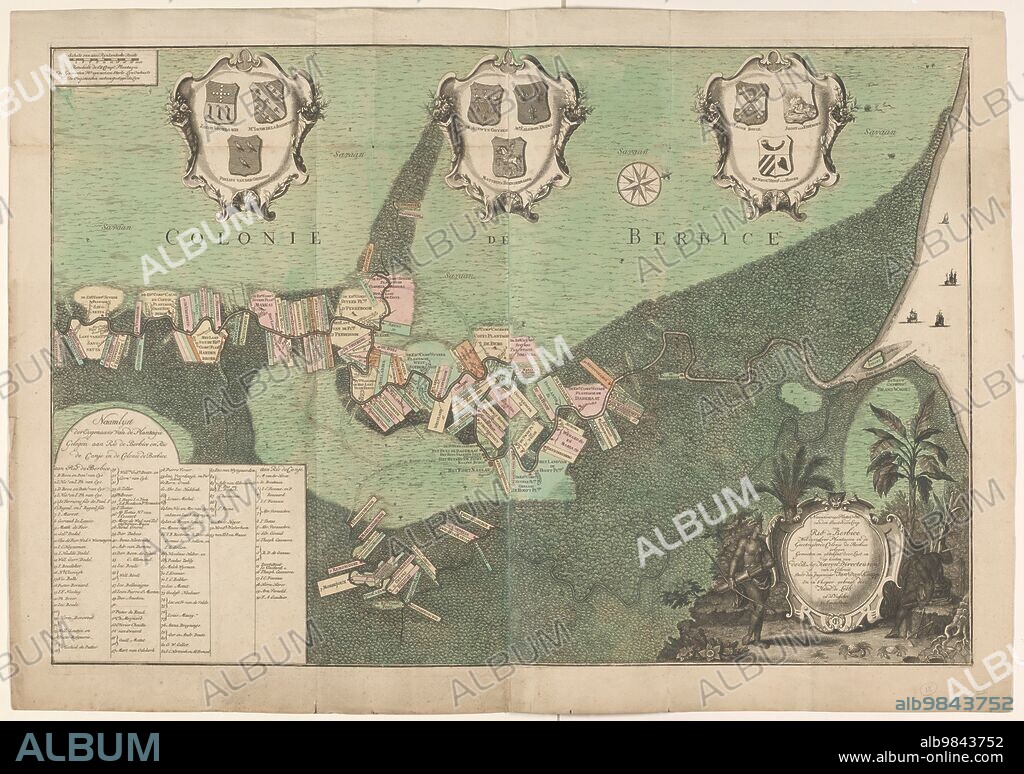 HENDRIK DE LETH and JAN DANIEL KNAPP. Accurate Map of the state and the course of Rio de Berbice. Located with the same Plantation in the Colony of Berbice, 1742. Map, on two sheets, of the Dutch West India Company colony of Berbice, showing the plantations along the Berbice and Canje rivers. Bottom left: 'Name list of the owners of the Plantations located on Rio de Berbice and Rio de Canje in the Colonie de Berbice': Total 113. Above: three cartouches with coats of arms. Cartouche with an indigenous resident of Guyana and an enslaved man. (The region along the Berbice River in Guyana was a colony of the Dutch West India Company between 1627 and 1792).