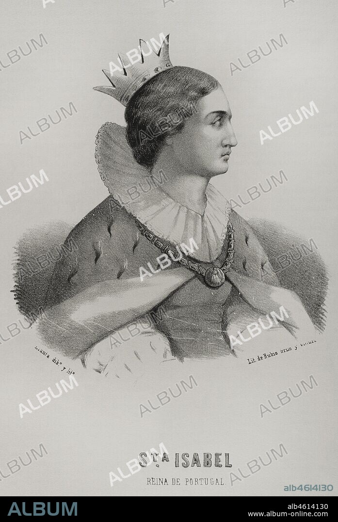 Saint Elizabeth of Portugal (1271-1336). Queen consort of Portugal, wife of King Dinis (Denis) of Portugal. Portrait. Illustration by Llanta, detail. Cronica General de Espa–a. Historia Ilustrada y Descriptiva de sus Provincias. Valencia, 1867.