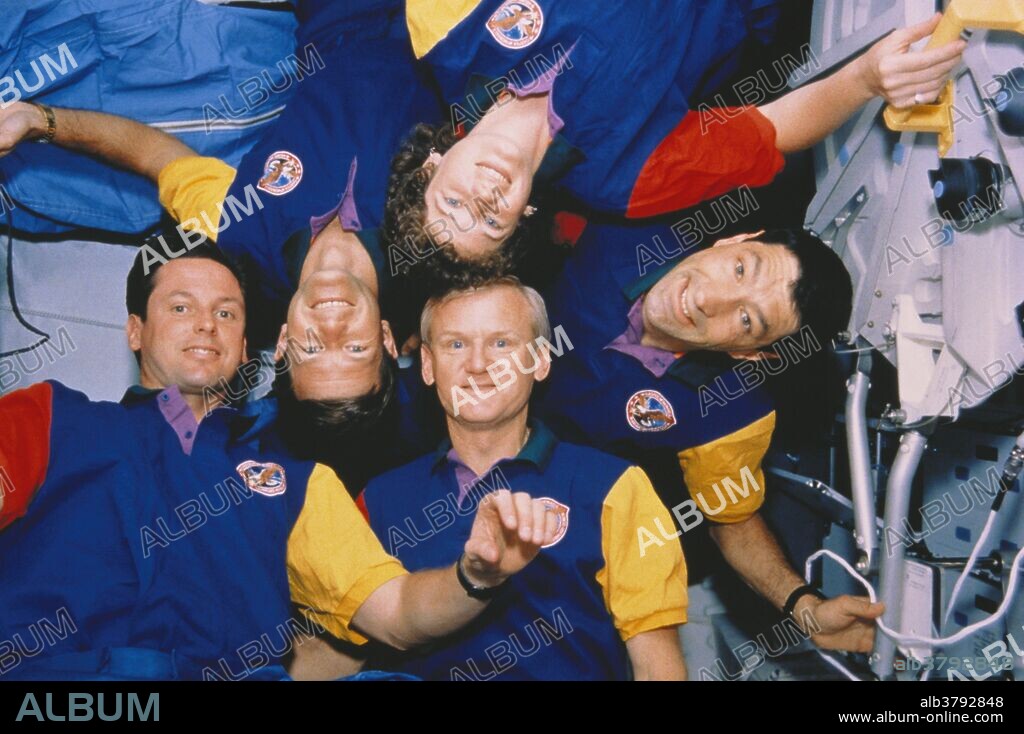 STS-54 crew portrait taken during orbit. The mission lasted from 01/13/93-01/19/93. The crew members on board Shuttle Endeavor are, (clockwise for top center): Susan Helms and Mario Runco Jr. (Mission Specialists); John Casper, (Commander); Donald McMonagle, (far left; pilot); and Gregory Harbaugh, (Mission Specialist). During their flight, the crew successfully deployed NASA's sixth Tracking and Data Relay Satellite, (TDRS-6), operated the DXS Diffuse X-Ray Spectrometer instrument, and ran a series of tests during extravehicular activity, (EVA).