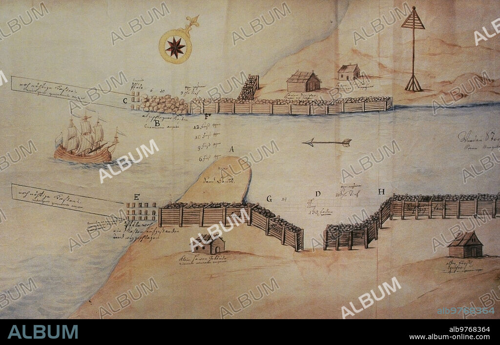 History of Latvia. Plan of Ventspils harbour late 18th century. A, B, C, E represent the remains of the coastal fortification. G, D, H, coastal fortification, bastion. Latvian War Museum. Riga. Latvia.