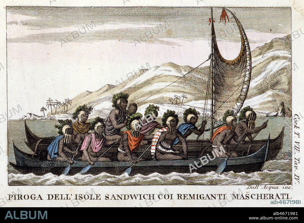 Pirogue des Iles Sandwich avec des indigenes masques. Illustration anonyme pour Navigazioni di Cook pel grande oceano e interno al globo. '(Voyage du capitaine Cook) par James COOK (1728-1779) publie a Milan en 1816 (XVIIIeme s., 18eme s., 18e s.) Credit Collection Grob/KHARBINE-TAPABOR.