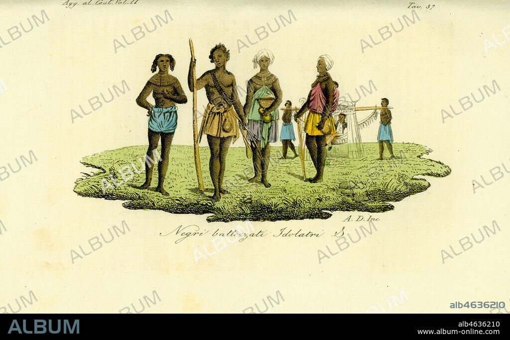 Costumes of natives of Benguela, Angola, 1830. Two baptized natives in loinclothes, two idolatrous or independent natives. In the background a Portuguese man is carried in a tipoi or curtained sedan chair by slaves. Handcoloured copperplate engraving by A.D. after Jean-Baptiste Douville from Giulio Ferrario's Costumes Ancient and Modern of the Peoples of the World, Florence, 1834.