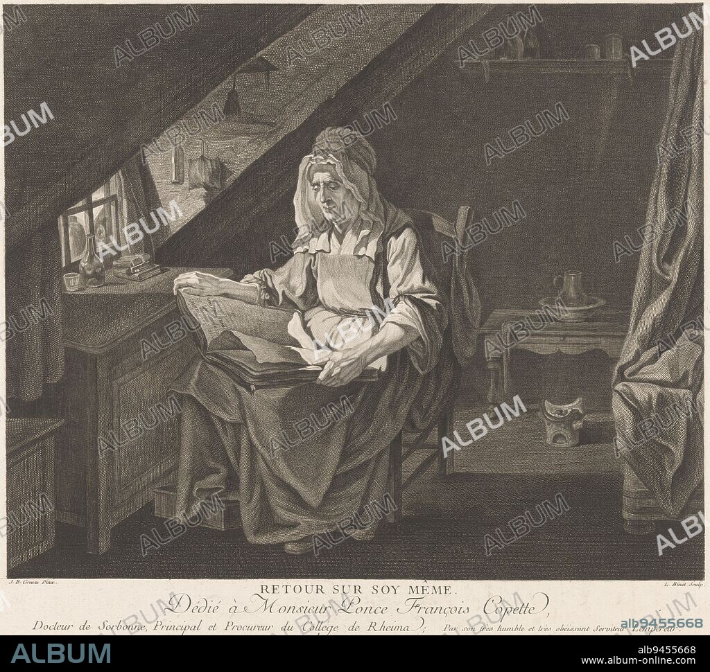 Reading old woman in an attic room Returning to herself., print maker: Louis Binet, (mentioned on object), after: Jean-Baptiste Greuze, (mentioned on object), publisher: Lempereur, (mentioned on object), print maker: France, after: France, publisher: Paris, Paris, France, 1754 - 1800, paper, engraving, h 362 mm × w 400 mm.