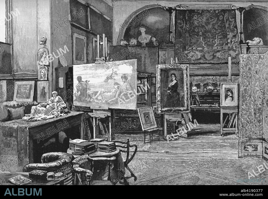 'The Studio', 1896. The studio of Frederic Leighton (1830-1896) at Leighton House in London. Leighton was a British painter and sculptor whose works depicted historical, biblical and classical subject matters. From The Magazine of Art. [Cassell & Company, London, Paris & Melbourne, 1896].