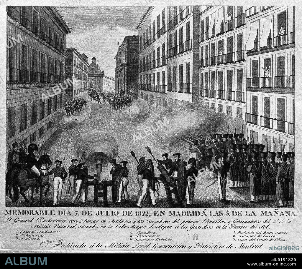 MEMORABLE DIA 7 DE JULIO DE 1822 EN MADRID A LAS 5 DE LA MAÑANA - CALLE MAYOR CON LA PUERTA DEL SOL AL FONDO - GRABADO SIGLO XIX.
