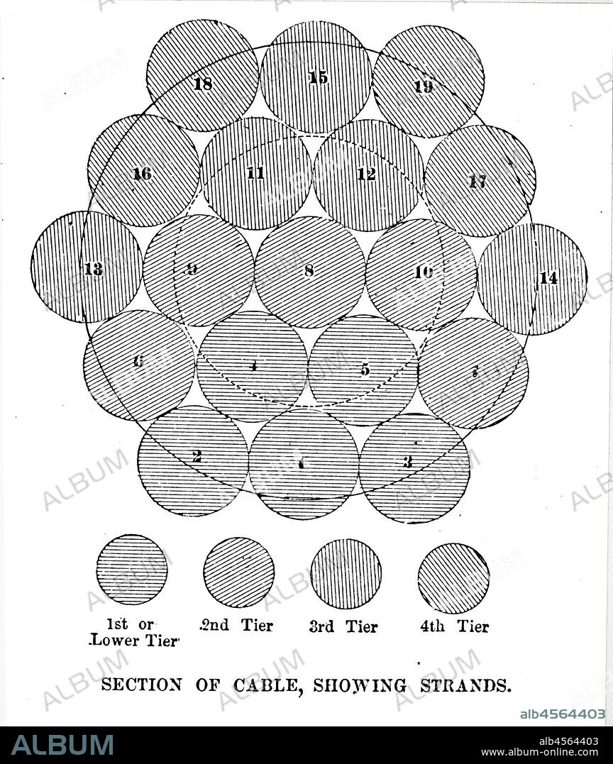 Illustration showing cross section of cables from the Brooklyn Suspension Bridge, New York, designed and built by John Augustus Roebling (1806-1869), and his son Washington Augustus Roebling (1837-1926): opened 1883. Arrangement of 19 Strands, each of. 278 wires, which made up the main cables. 1883.