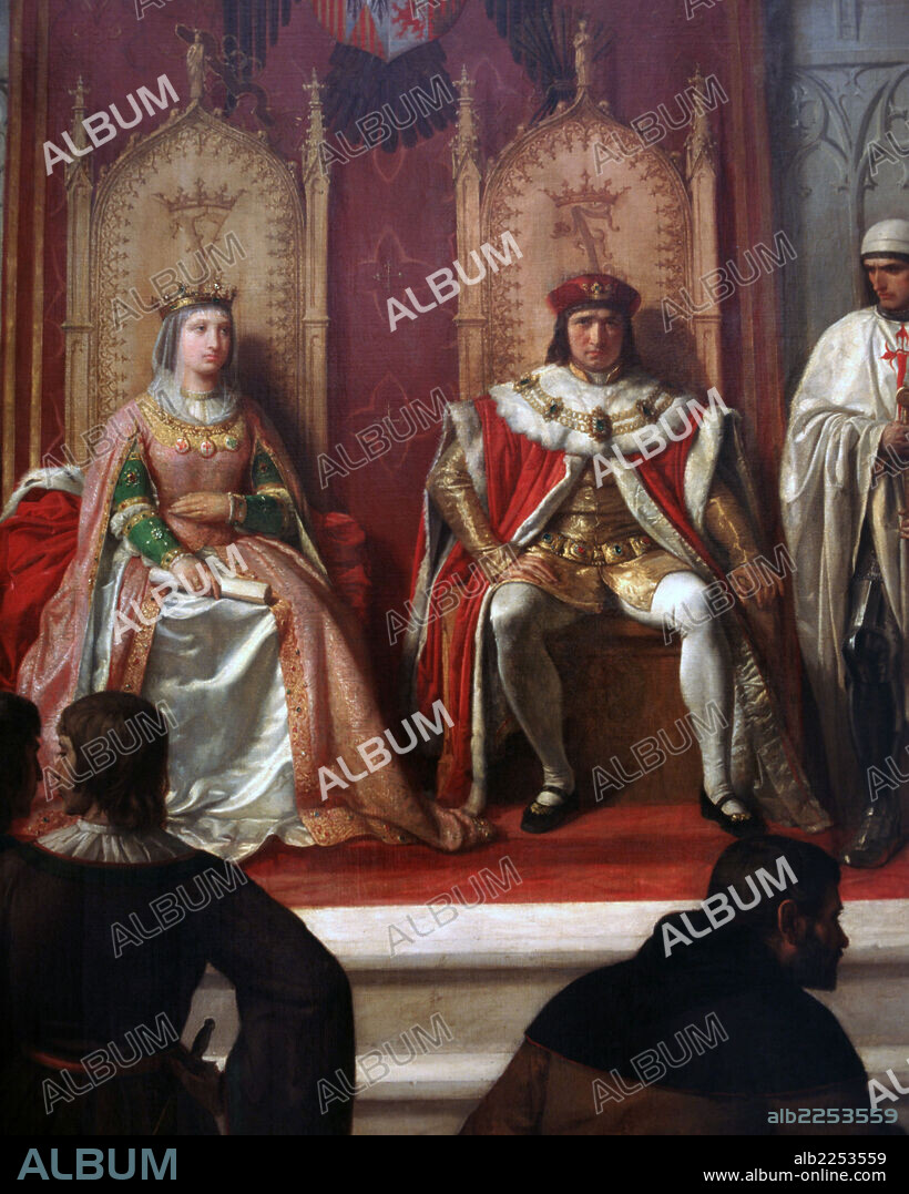 REYES CATOLICOS. FERNANDO II DE ARAGON , ISABEL I DE CASTILLA. " LOS RR.CC. ADMINISTRANDO JUSTICIA " (DETALLE). OLEO DE VICTOR MANZANO, AÑO 1860. PALACIO REAL. MADRID PATRIMONIO NACIOINAL.