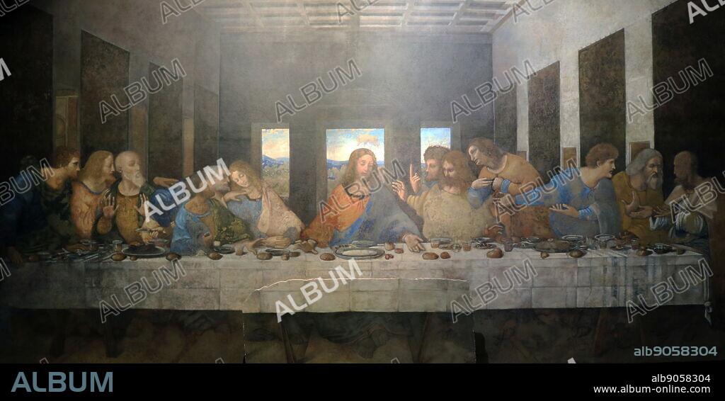 The Last Supper, a mural painting by Italian artist Leonardo da Vinci, housed by the refectory of the Convent of Santa Maria delle Grazie in Milan, Italy. The work is presumed to have been started around 1495-96 and was commissioned as part of a plan of renovations to the church and its convent buildings by Leonardo's patron Ludovico Sforza, Duke of Milan. The painting represents the scene of the Last Supper of Jesus with his apostles, as it is told in the Gospel of John, 13:21. Leonardo has depicted the consternation that occurred among the Twelve Apostles when Jesus announced that one of them would betray him. Leonardo da Vinci (1452-1519), Italian artist and polymath.