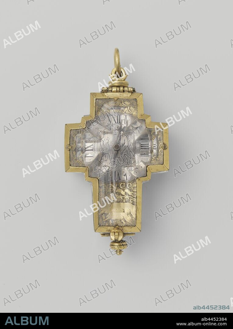 Watch made of rock crystal in the shape of a cross, Watch made of rock crystal in the shape of a cross. A depiction of Christ is engraved on the silver dial. On the arms of the cross is an engraved, copper plate, lamb bearing cross or banner, 'Agnus Dei', symbol of Christ, cross as symbol of Christ, Christ explaining his doctrine, David Bouquet, c. 1640 - c. 1660, silver (metal), copper (metal), engraving, h 2.7 cm × l 7.7 cm.