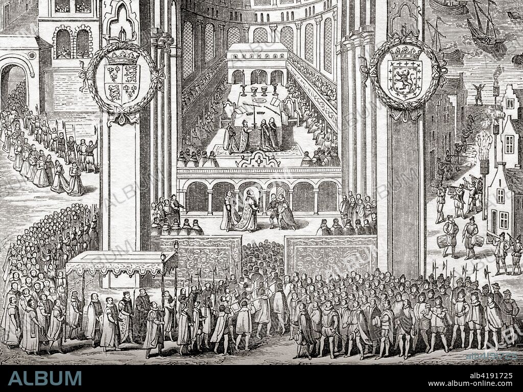 The coronation of James I.  James VI and I, 1566 -  1625.  King of Scotland as James VI from 24 July 1567 and King of England and Ireland as James I from 24 March 1603 - 1625.  From Old England: A Pictorial Museum, published 1847.  From Old England: A Pictorial Museum, published 1847.