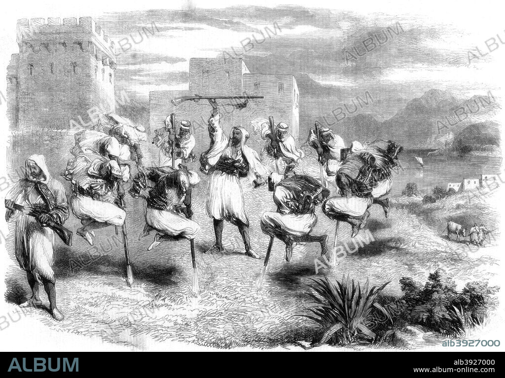 Riffian nuptial dance in Tangier, 1860. The Riffian or Rif Berber are a North African Berber tribe. A print from The Illustrated London News, (28 April 1860).