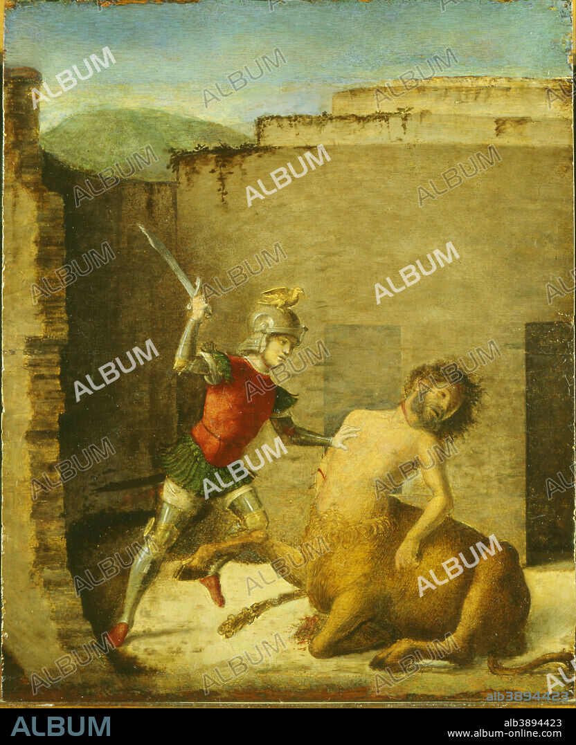 GIOVANNI BATTISTA CIMA DA CONEGLIANO. Theseus Killing the Minotaur. Date/Period: 1505. Panel. Height: 87.40 mm (3.44 in); Width: 73.50 mm (2.89 in).