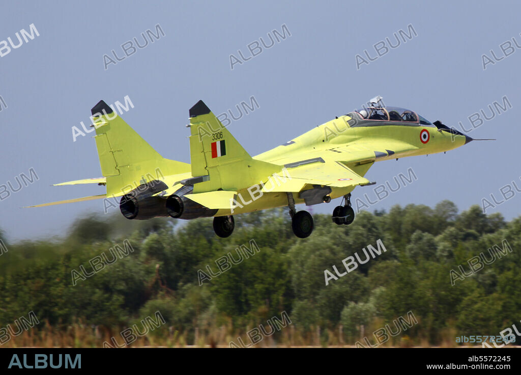 MiG-29UPG jet fighter of Indian Air Force landing, Zhukovsky, Russia.