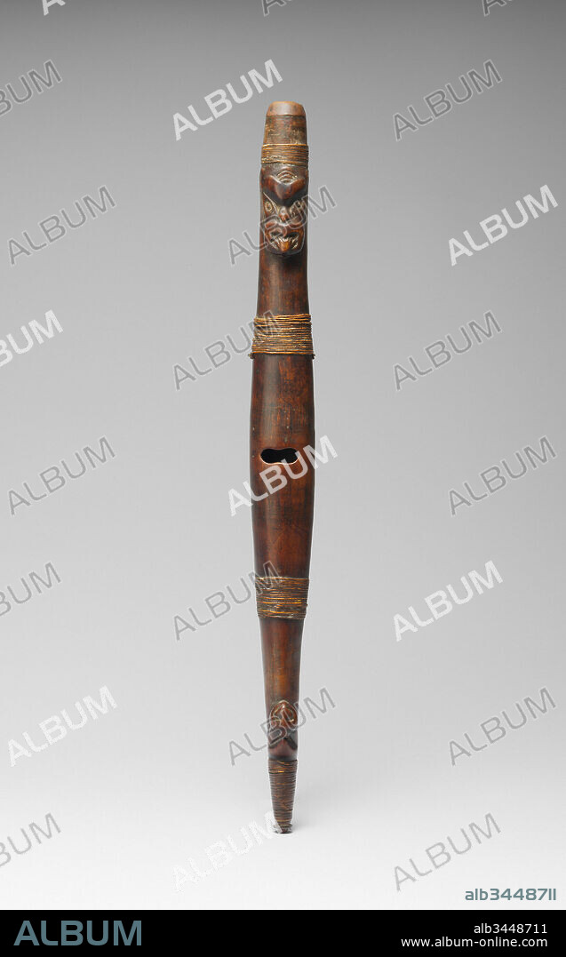 Flute (Putorino), ca. 1800–1820, New Zealand, Bay of Plenty region, Maori people, Wood, fiber, H. 1 1/2 x W. 17 1/8 x D.1 in. (3.8 x 43.5 x 2.5 cm), Wood-Musical Instruments.