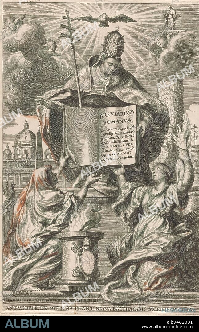Allegorical representation with Roman Catholic Church, Piety and Zeal, Title page for: S.n., Breviarium romanum, 1694, The personification of the Roman Catholic Church with bishop's staff, papal tiara and a book bends forward towards the kneeling Piety (Pietas) and Zeal (Zelus) with lightning bolts. Above her cherubs in clouds and a dove in halo symbolizing the Holy Spirit., print maker: Cornelis Galle (II), (possibly), after drawing by: Johann Boeckhorst, (possibly), publisher: Officina Plantiniana Balthasaris Moreti, (mentioned on object), Antwerp, 1655, paper, engraving, height 346 mm × width 223 mm.