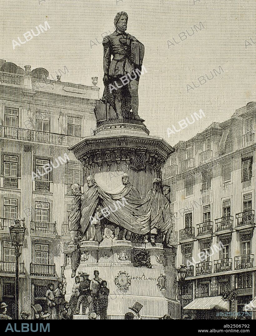 CAMOENS, Luís Vaz de (Lisboa, 1524-Lisboa, 1580). Poeta portugués. Escribió "Os Lusíadas", publicado en 1572. Grabado con la representación del monumento a Camoens que se encuentra en Lisboa (Portugal). "La Ilustración Española y Americana" (1890) .