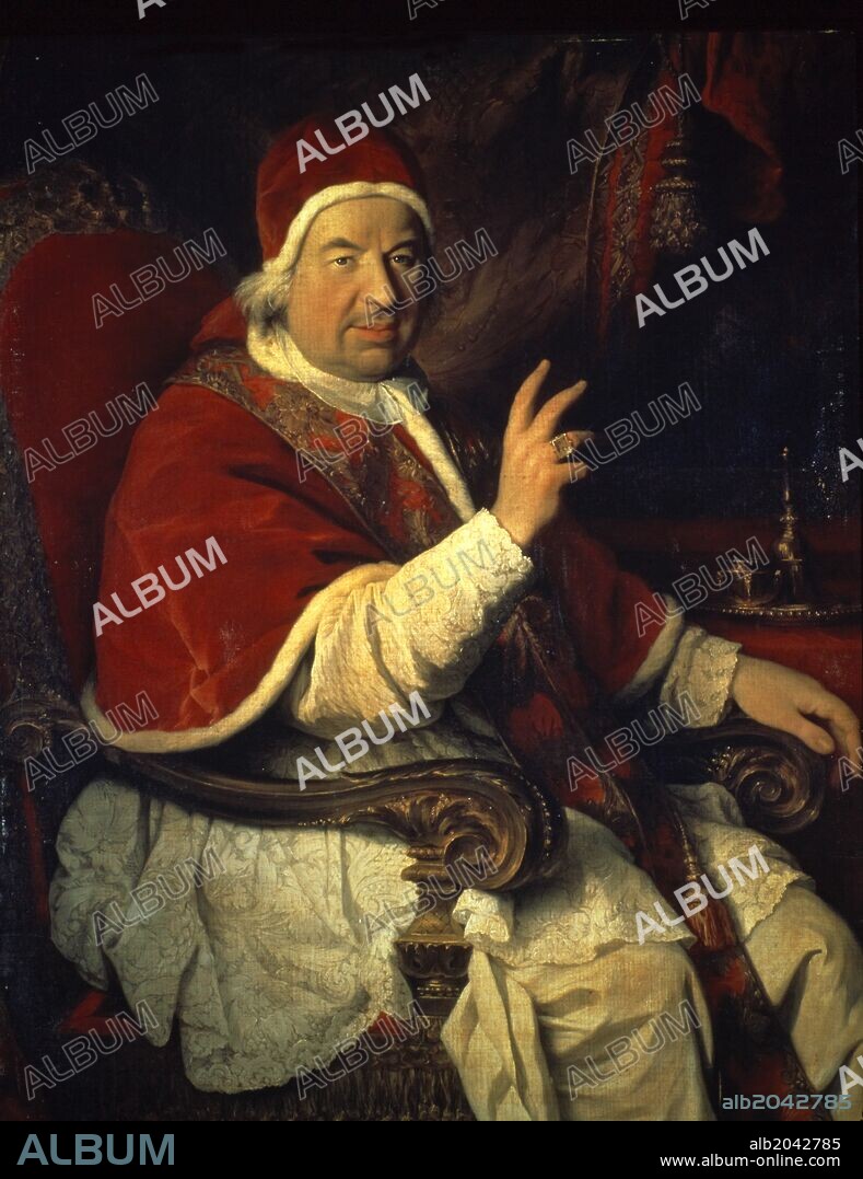 Pope Benedict XIV 1675-1758 with hand raised in blessing.