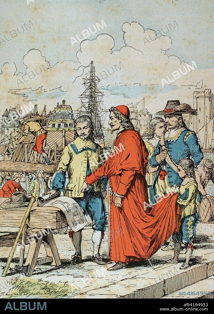 Francia. Siglo XVII. Reinado de Luís XIII con el Cardenal Richelieu como Primer Ministro,1624-1642. Inspección de un astillero por el Cardenal Richelieu, el Gran Maestre, jefe y superintendente general de la navegación y el comercio en Francia. Ilustración a color de la"Armeé Française, Nos Soldats" (Ejército Francés, Nuestros Soldados). Autor, Eugene Hennebert (1826-1896). Ilustración firmada por Hussenot y Pallandre. París, h. 1890. Biblioteca Histórico Militar de Barcelona, Cataluña, España.