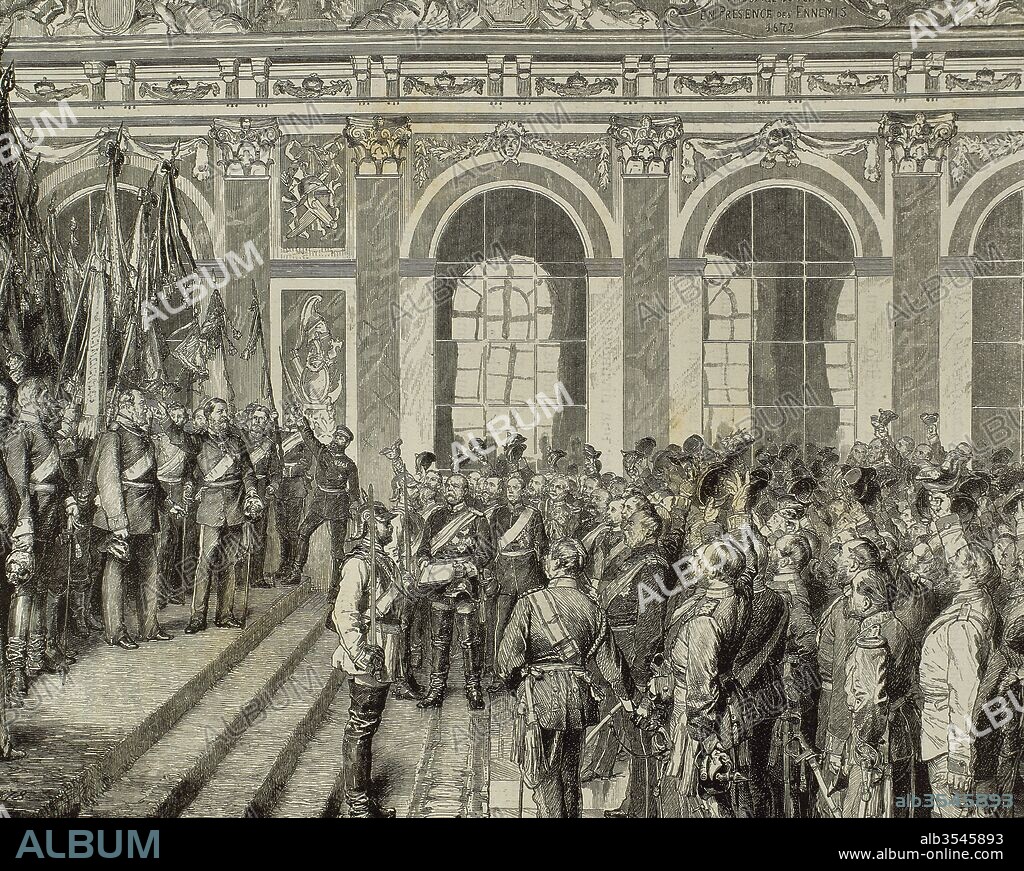 Guillermo I (Berlín, 1797-Berlín, 1888). Rey de Prusia (1861-1888) y Emperador de Alemania (1871-1888). Proclamación de Guillermo I como Emperador Alemán en la Galería de los Espejos del Palacio de Versalles, el 18 de enero de 1871. Grabado por A. Closs.