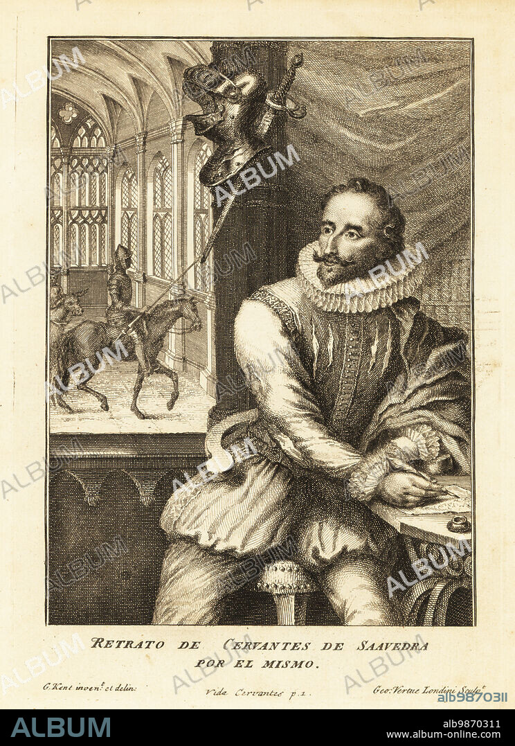 Portrait of novelist Miguel Cervantes de Saavedra, 1547-1616. Man with Van Dyke beard in ruff collar, doublet, breeches, hose, sitting in a library, writing with quill pen on paper. Behind him a helmet and sword, and a knight on horseback with lance riding in a vaulted interior. Copperplate engraving by George Vertue after a portrait by William Kent (G. Kent in error) from The Life and Exploits of the ingenious gentleman Don Quixote de La Mancha, translated from the original Spanish of Miguel Cervantes by Charles Jarvis, J and R Tonson, London, 1738.