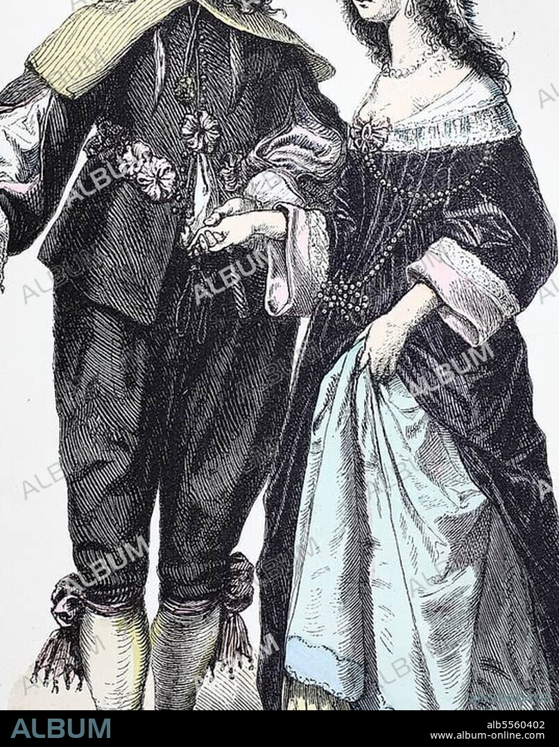 Folk traditional costume, clothing, history of costumes, Dutch couple, 1670-1700, Holland, Historic, digitally restored reproduction of a 19th century original