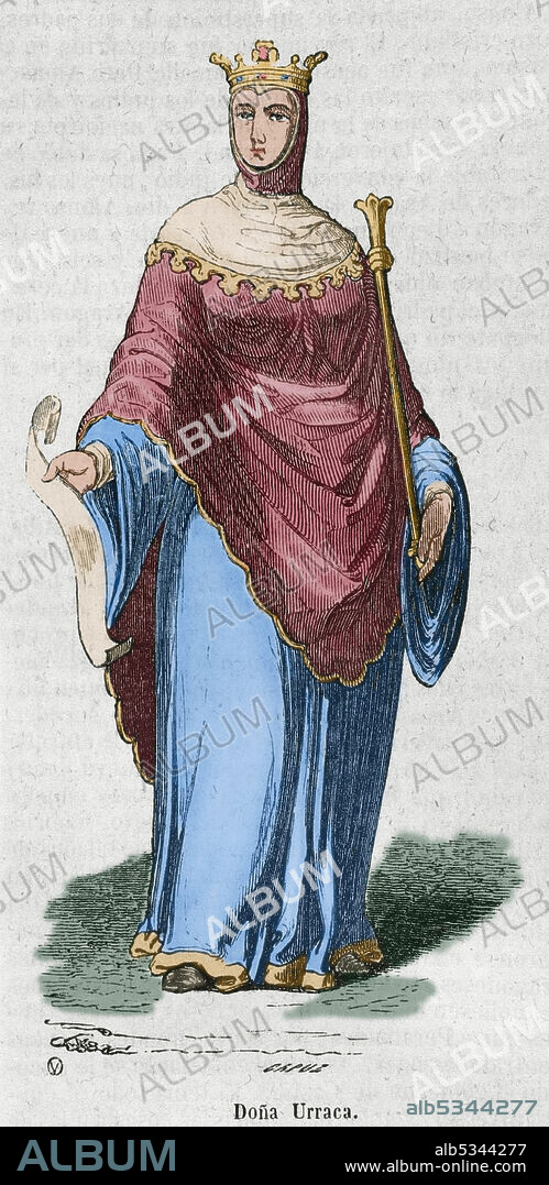 TOMAS CARLOS CAPUZ (1834-1899). ENGRAVER SPANISH.. Urraca I de León (1081-1126) llamada la Temeraria. Reina de León y Castilla, y emperatriz de Galicia (1109-1126). Grabado por Capuz. Coloreado. Historia General de España por el padre Mariana. Madrid, 1852.