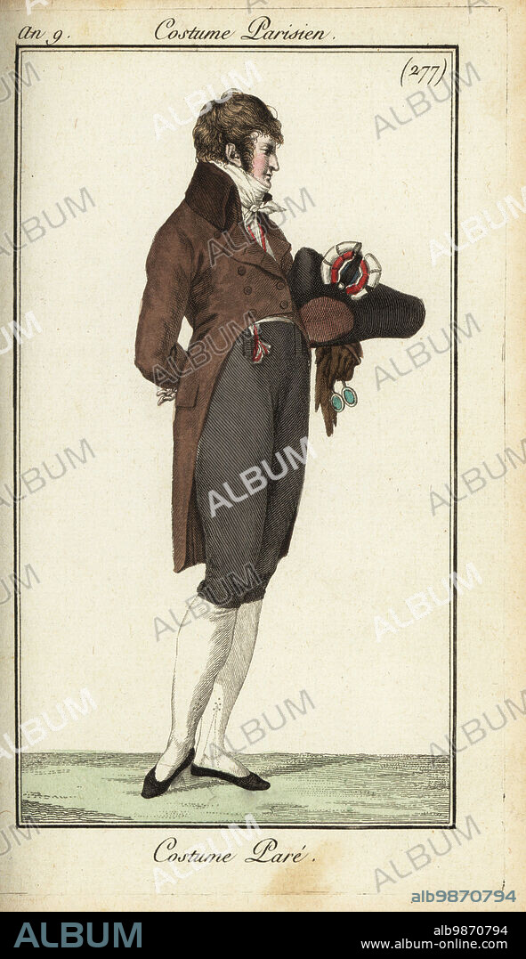 Directoire gentleman in gala fashion with high-collared riding coat, waistcoat, cravatte, hat with cockade, 1801. Costume pare. Handcoloured copperplate engraving from Pierre de la Mesangeres Journal des Modes et Dames, Paris, 1801. The illustrations in volume 4 were by Carle Vernet, Bosio, Dutailly and Philibert Louis Debucourt.