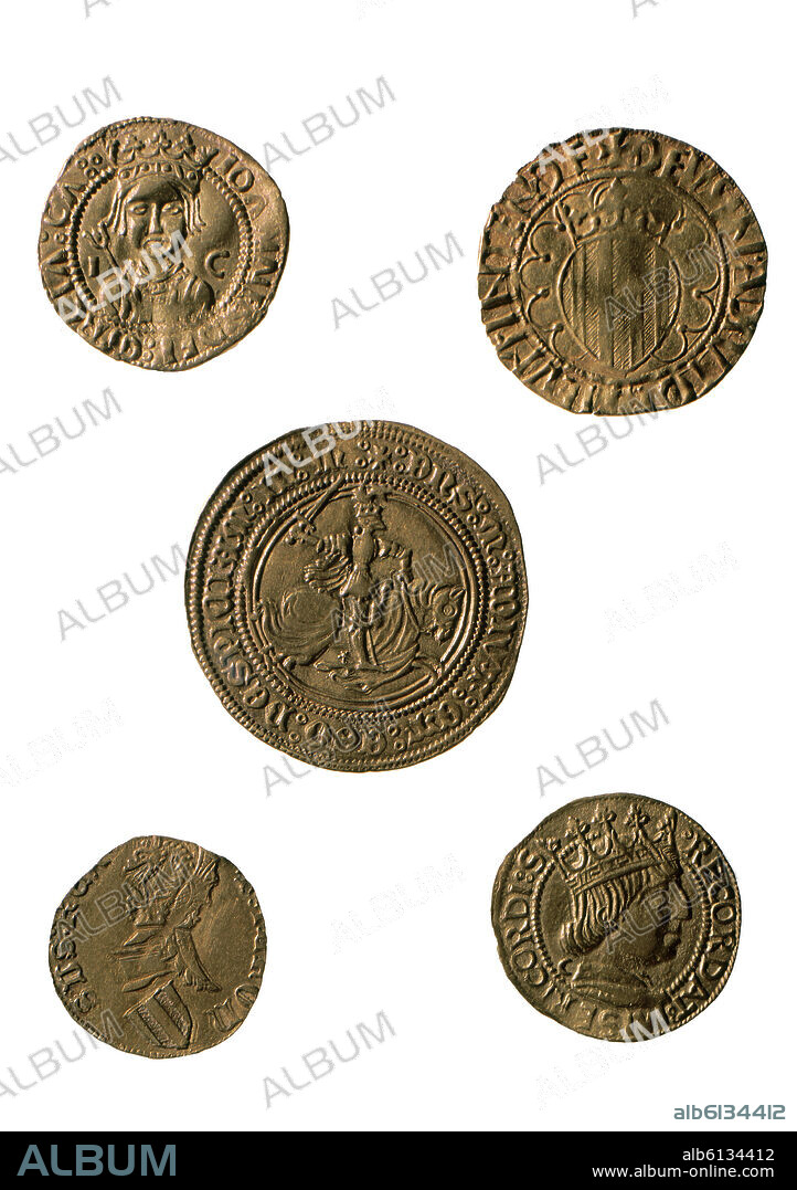 MONEDAS ORO DE LA CORONA DE ARAGON - SIGLO XV -DUCADO DE JUAN II DE ARAGON (DCHA) - ALFONSI (CENTRO).