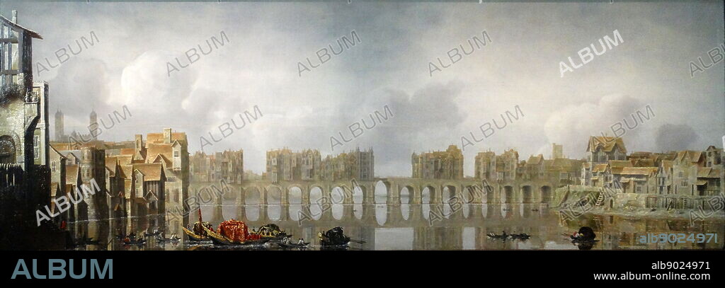 Painting depicting London Bridge over the River Thames by Claude de Jongh (1605-1663) Dutch Golden Age painter. Dated 17th Century.