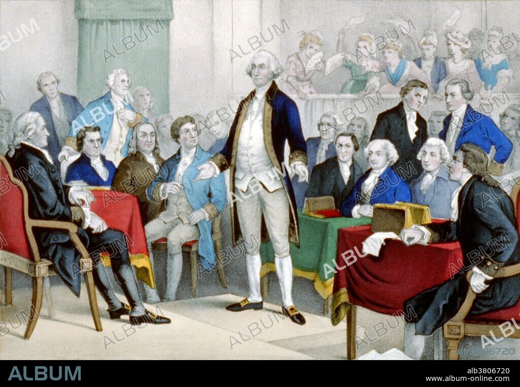 Entitled: "Washington, appointed Commander in Chief" shows George Washington standing on a platform surrounded by members of the Continental Congress. In the background, women wave their handkerchiefs. After the Battles of Lexington and Concord near Boston in April 1775, the colonies went to war. Washington appeared at the Second Continental Congress in a military uniform, signaling that he was prepared for war. Washington had the prestige, military experience, charisma and military bearing of a military leader and was known as a strong patriot. Virginia, the largest colony, deserved recognition, and New England, where the fighting began, realized it needed Southern support. Washington did not explicitly seek the office of commander and said that he was not equal to it, but there was no serious competition. Congress created the Continental Army on June 14, 1775. Nominated by John Adams of Massachusetts, Washington was then appointed as a full General and Commander-in-chief. Lithograph by Currier & Ives, 1876.
