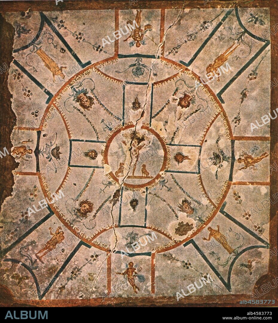 Ceiling in the Chamber of the Hypogeum of Lucina on the Via Appia, Rome, Italy, (1928). '1st Half of 2nd  Century A.D...In the middle, Daniel in the Lions' Den, outside: two good Shepherds, two veiled praying figures, ornamental heads, genii and birds'. After Joseph Wilpert. Plate XLIV, fig 100, from "An Encyclopaedia of Colour Decoration from the Earliest Times to the Middle of the XIXth Century" with explanatory text by Helmuth Bossert. [Ernst Wasmuth Ltd., Berlin, 1928].