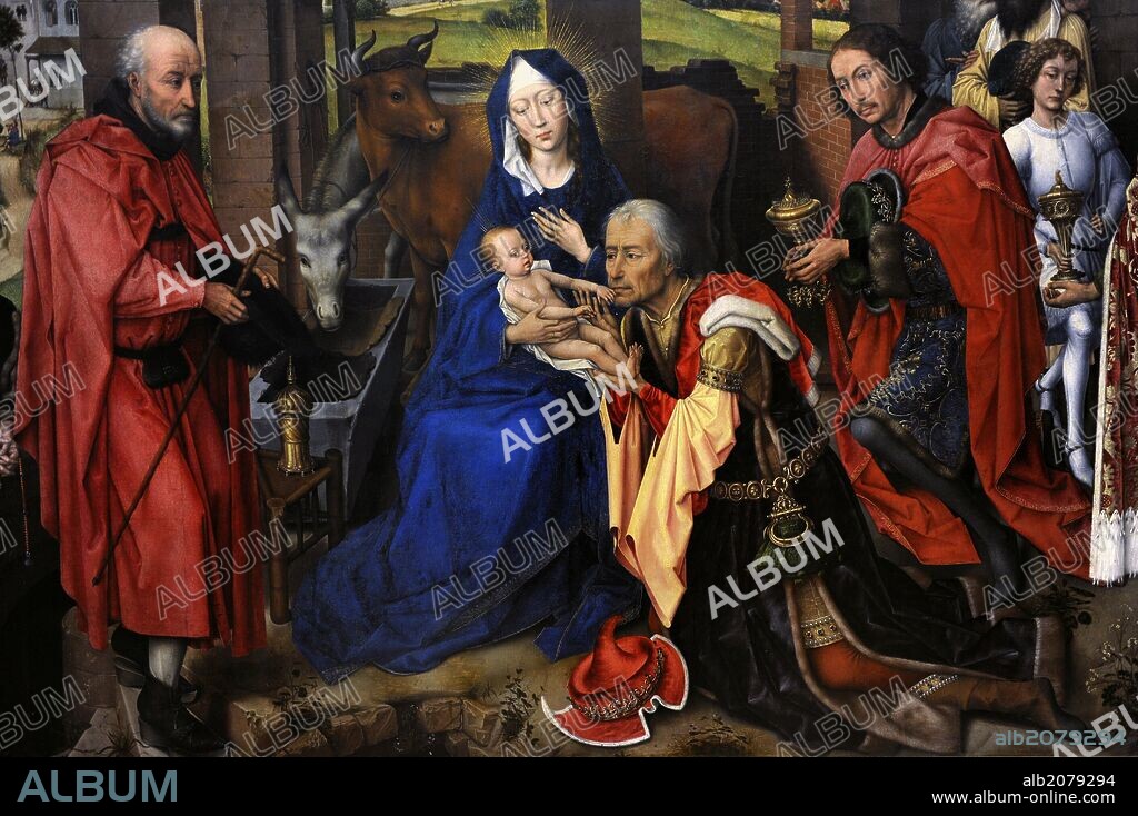 ARTE GOTICO. FLANDES. Rogier van der Weyden (1399/1400-1464). Pintor más célebre de la escuela flamenca en el período gótico. También se le conoce como Roger de la Pasture o Rogier du Pasture. " El Tríptico del altar de Santa Columba". Retablo pintado al óleo sobre tabla, hacia el 1455, para la Iglesia de la Santa Columba de Colonia. Tabla central: Adoración de los Reyes Magos. Alte Pinakothek (Pinacoteca Antigua). Munich. Alemania. Europa.