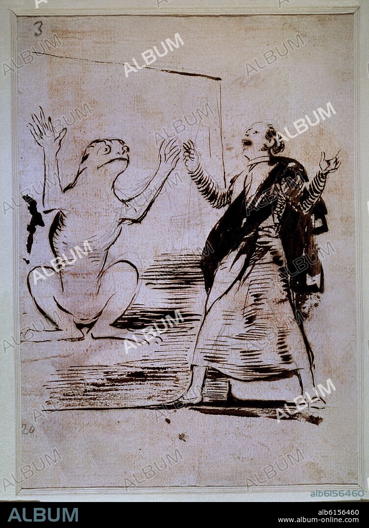 FRANCISCO DE GOYA. ESTUDIANTE/RANA - TEMPERAMENTO FLEMATICO - 1797-1798 - AGUADA DE SEPIA.