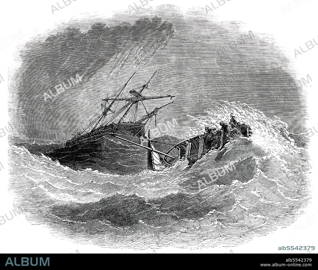 UNKNOWN. Boat Catastrophe, and the "Lalla Rookh" in Distress, off Worthing, 1850. Shipwrick off the coast of Sussex. '...a heavily laden barque, since ascertained to have been the Lalla Rookh, bound to London from the Brazils, was observed riding at anchor, and labouring severely. It being evident that she was in difficulties, having lost her mainmast, a boat with eleven men put off from Worthing to her aid, and, notwithstanding the tremendous surf that was running, the brave fellows made a desperate effort to reach the barque. They had got within a short distance of the vessel, and were about to get the weather side, when a terrific sea caught the boat and immediately capsized her...For a moment or so they were seen struggling in the water: the violent lashing of the surf, however, soon overpowered them, and every one perished. Most of them have left large families'. From "Illustrated London News", 1850.