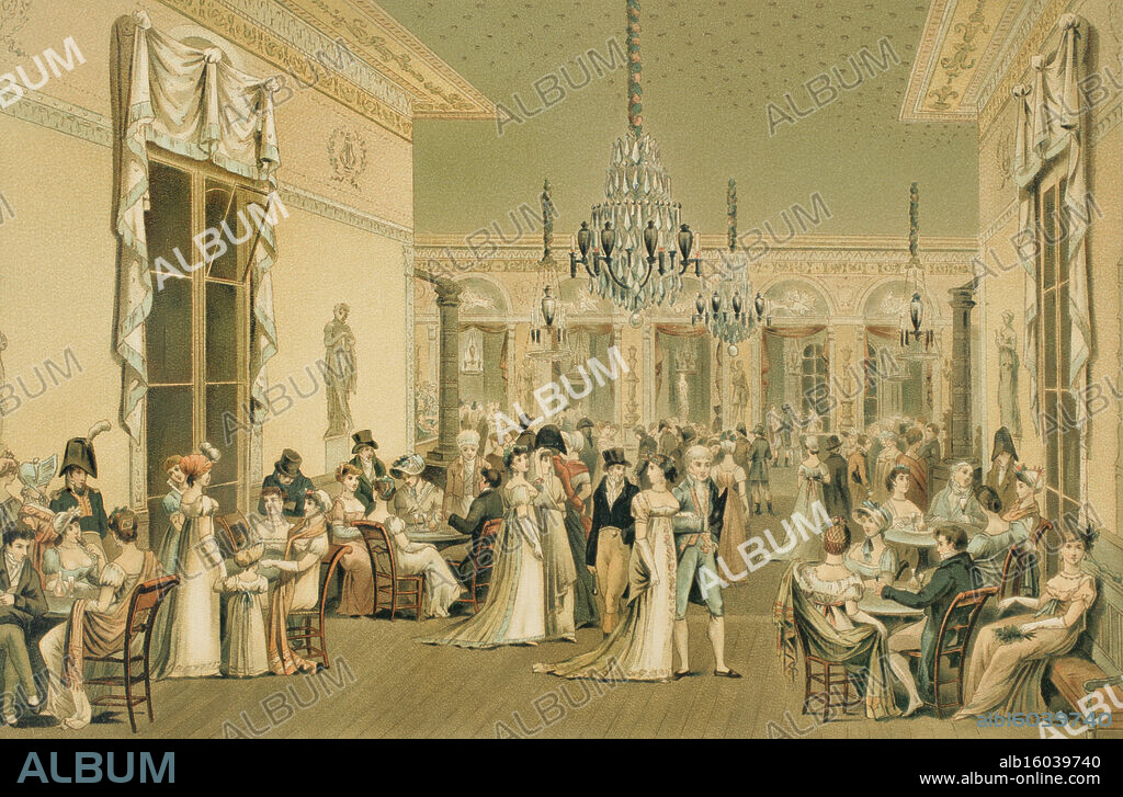 El Gran Salón del café Frascati en París. Antiguo café parisino fundado en 1789 y desaparecido en 1857. Ubicado en el Boulevard Montmartre, era conocido por ser un lugar de encuentro elegante y un salón de pastelería. Litografía de Litografía de Mauler a partir de Philibert-Louis Debucourt (1755-1832). Cromolitografía. "Directoire, Consulat et Empire. Moeurs et usages, lettres, sciences et arts. France, 1795-1815" (Directorio. Consulado e Imperio. Costumbres y tradiciones, letras, ciencias y artes. Francia, 1795-1815), por Paul Lacroix. Publicado en París, 1884.