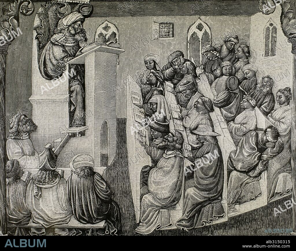 Baja Edad Media. Siglo XIV. Henricus de Alemania da una conferencia a los estudiantes en la universidad de Bolonia, h. 1360-1390. Los estudiantes en la fila de atrás hablan entre sí y uno de ellos está durmiendo. Liber éthicorum des Henriques de Alemania por Laurentius de Voltolina. Grabado.
