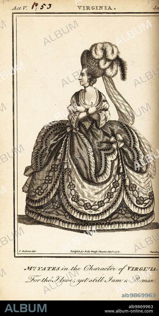 Mrs. Mary Ann Yates in the character of Virginia in Henry Crisps Virginia. However, she played the role of Marcia at Drury Lane Theatre in 1754. Copperplate engraving by J. Thornthwaite after an illustration by James Roberts from Bells British Theatre, Consisting of the most esteemed English Plays, John Bell, London, 1780.