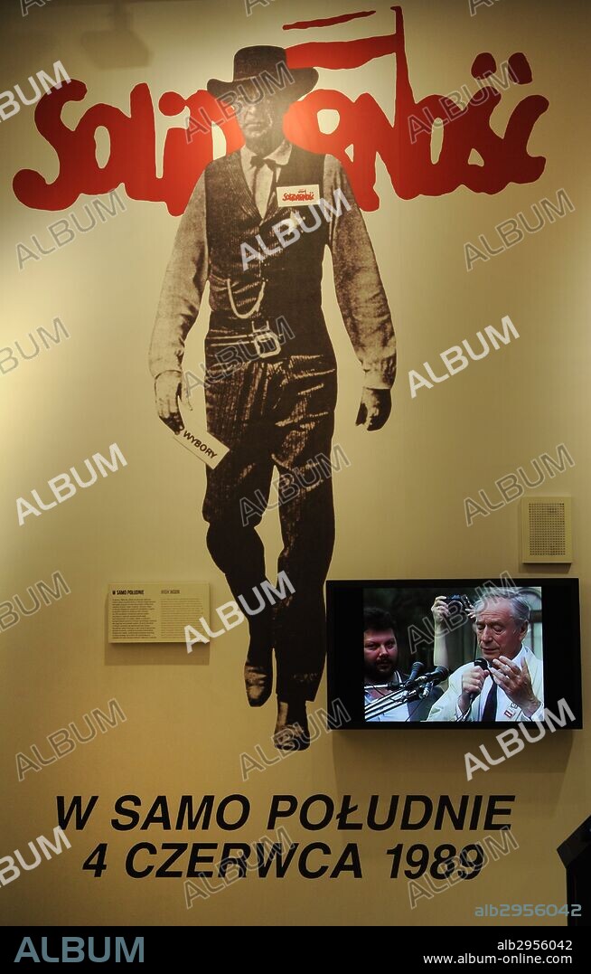 Electoral poster of the Polish Solidarity Union in the Polish elections of July 4, 1989. Gary Cooper appears in High Noon on a Solidarity fund, with a ballot in his hand. European Solidarity Centre. Gdansk. Poland. Europe.