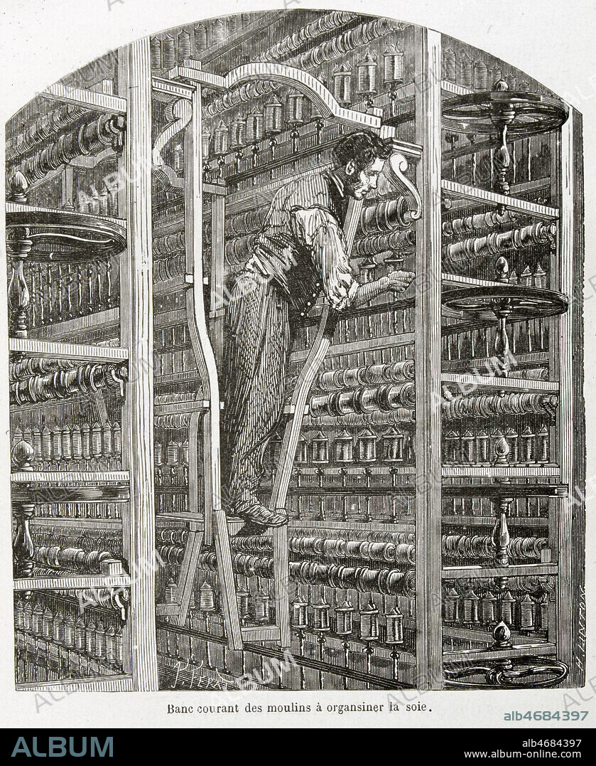 Moulins a organsiner la soie. Illustration anonyme pour Filature de soie de M. Blanchon a St Julien-St Alban (Ardeche) repris dans Les grandes usines par TURGAN. Credit : Jean Vigne / Kharbine-Tapabor.