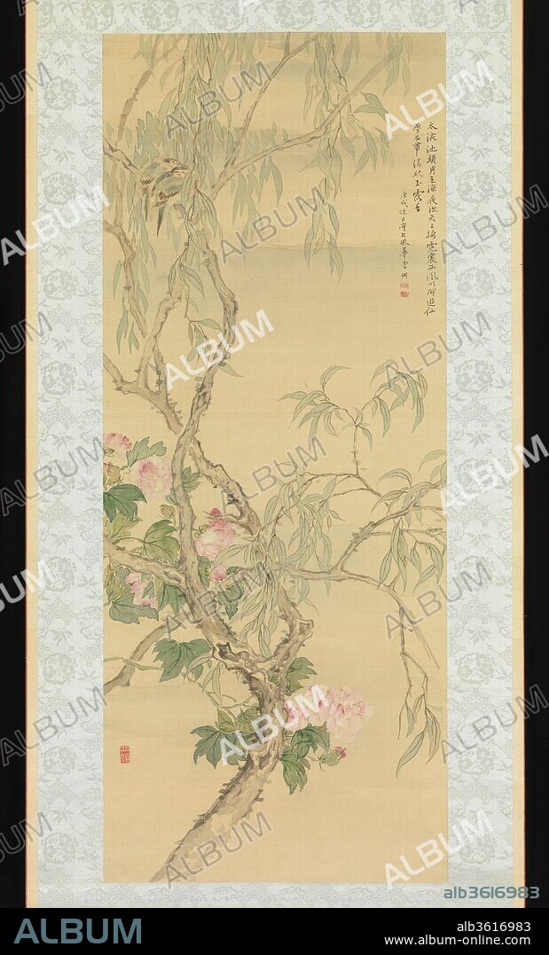 Small Birds on a Willow Branch and Hibiscus Blossoms. Artist: Tsubaki Chinzan (Japanese, 1801-1854). Culture: Japan. Dimensions: Image: 43 3/8 x 17 1/2 in. (110.2 x 44.4 cm)
Overall: 75 3/8 x 30 3/8in. (191.5 x 77.2 cm). Date: dated Fall 1850.
Chinzan was raised in Edo in a samurai family. He trained under the Nanga painters Tani Buncho (1763-1840) and Watanabe Kazan (1793-1841) and favored Chinese literati artists of the Ming dynasty (1368-1644). Specializing in paintings of birds and flowers, he was an avid participant in sencha tea ceremonies, during which he would enjoy viewings of Chinese paintings and antiquities owned by his associates. He enhanced this painting with a poem that alludes to a passage from the "Song of Everlasting Sorrow" by the Tang dynasty (618-906) poet Bai Juyi (772-846). In it, Chinzan imagines the moon shining on the face of Lake Taiye and wonders if someone, a person he does not directly identify, still dances in the heavens in the deep of night. As the crisp autumn air of the west wind awakens him from his musings, he finds he can still smell her fragrance on the dew. In the original poem, the emperor discovers that, after the tragic death of his beautiful love, Yang Guifei, the hibiscus by Lake Taiye reminds him of her face, while the willows at Weiyang Palace recall her eyebrows. In this way, the contemporary poem and painting are brought together by the ancient text.